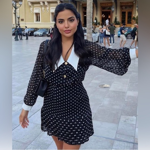 ZARA bloggers favourite Poka Dot Mini Dress With Gold Button black white - Picture 6 of 15